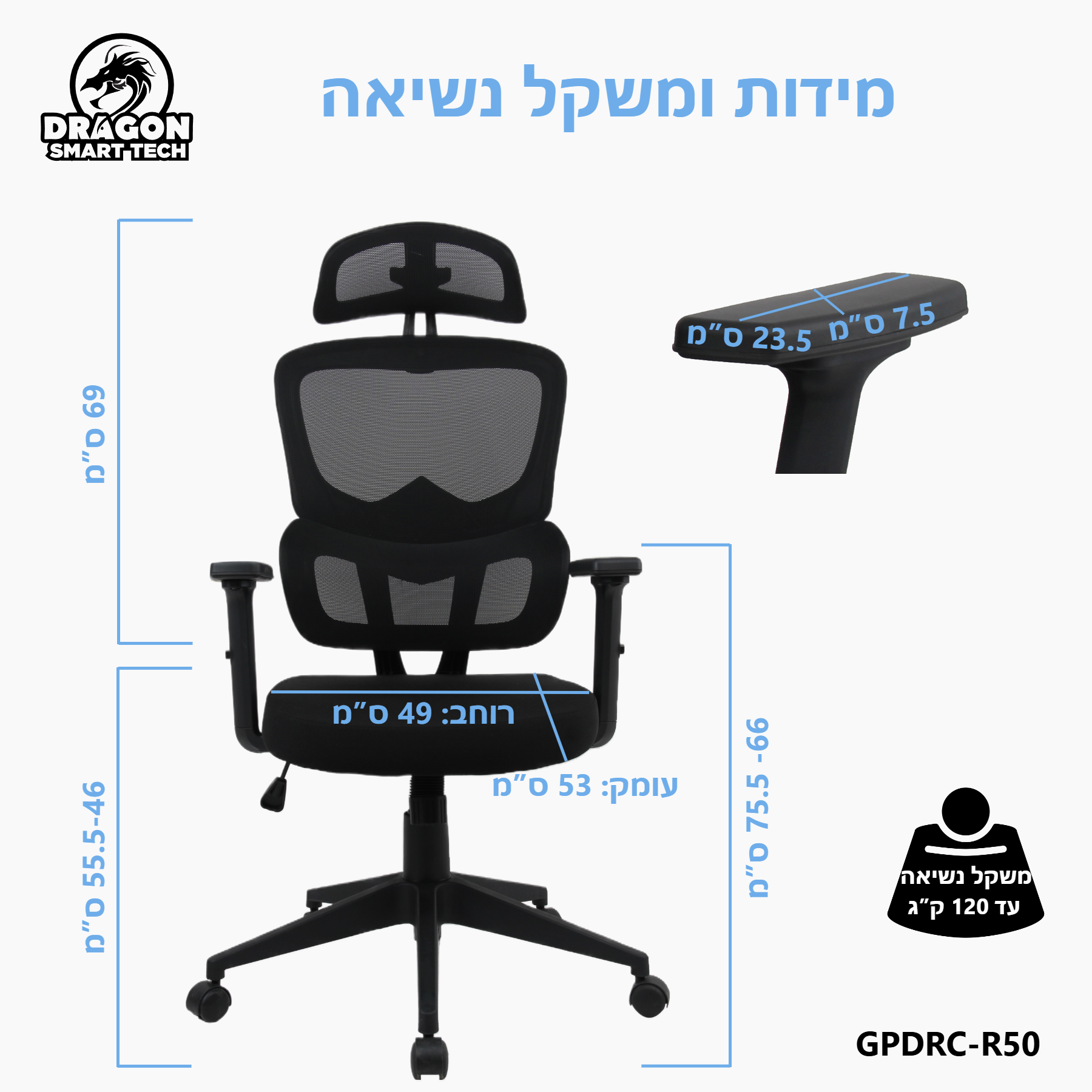 כיסא משרד ארגונומי R50 שיפור יציבות מידות ומשקל